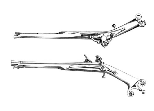 Snaphance Highland pistol, with very straight iron stock, circa 1630, A snaphance or snaphaunce is a type of firearm lock in which a flint struck against a striking plate over a steel pan ignites the priming powder that sets the weapon in motion, from the book The British Army, 1868, Historic, digitally restored reproduction from a 19th century original, Record date not stated