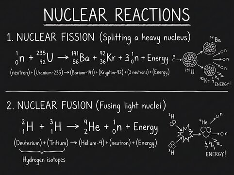 Educational diagram showing nuclear fission and nuclear fusion equations with nuclear physics nuclear reaction scientific diagram physics equation science education atomic energy heavy nucleus
