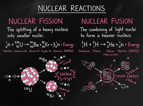 Educational infographic explaining nuclear reactions including nuclear fission and nuclear fusion on a dark chalkboard with physics infographic science education atomic structure chalkboard illustr