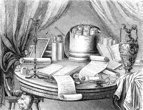 Handwritten Roman books and scrolls, 450 AD the history of ancient Rome, Roman Empire, Italy, Historical, digitally restored reproduction of a 19th century original, exact date unknown