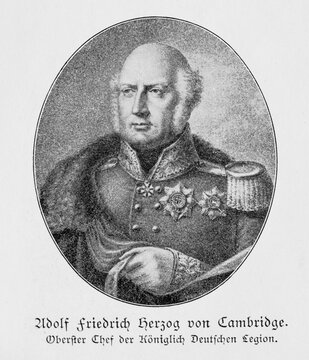 Field Marshal Adolf Friedrich Duke of Cambridge, Prince Adolphus Frederick, 1st Duke of Cambridge, Supreme Chief of the Royal German Legion, man with orders and decorations, historical illustration from the commemorative publication Zur Erinnerung an die K&ouml;niglich Hannoversche Armee und ihre Stammtruppen, Gedenkblatt zur Feier des 19. Dezember 1903, Meisenbach, Riffarth & Co, 1903, black and white print with visible halftone dots, England, Great Britain, Ireland, Germany