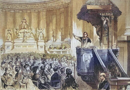 Monsignor farmer preaching from the pulpit in the Church of St. Mary Magdalene, La Madeleine, Sainte-Marie-Madeleine, St. Mary Magdalene, Paris, France, 1869, Historic, digitally restored reproduction of a 19th century original, exact original date not known