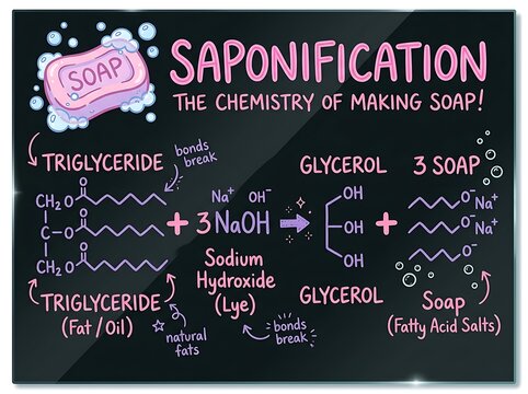 Chemical equation and process of saponification showing triglyceride and sodium hydroxide forming soap and glycerol on a chalkboard with soap making chemistry infographic triglyceride structure