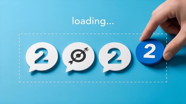 Human hand placing a blue wooden token numbered two to complete the number twenty twenty two concept against a clean bright azure background