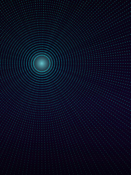 Glowing teal orb at center of radiating dashed concentric circles on dark navy background