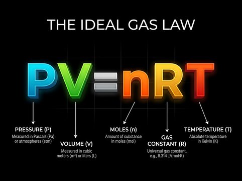 Ideal gas law mathematical equation display with variable explanations for science and physics study physics formula chemistry equation pv equals nrt scientific diagram gas constant academic res