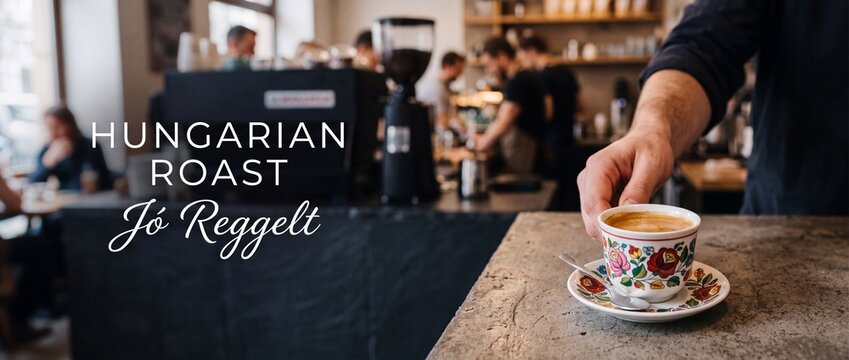 Barista hand serving espresso coffee cup with traditional Hungarian floral folk pattern on a counter in a modern cozy cafe shop during morning roast service offering authentic artisan culture