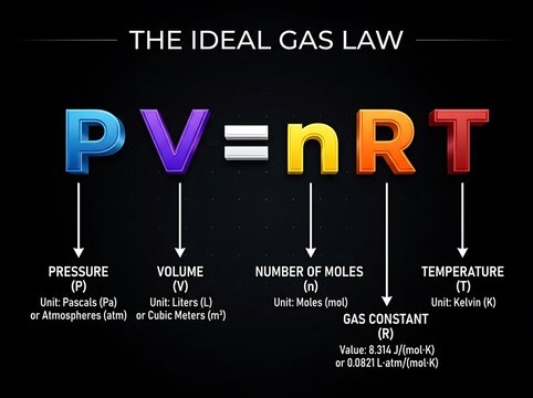Educational graphic showing the ideal gas law pv equals n rt formula with variable definitions for classroom use physics formula chemistry equation scientific infographic science education