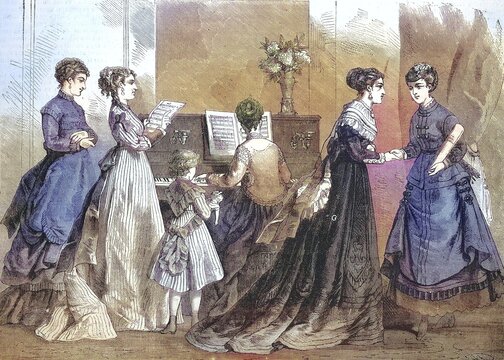 Distinguished woman in the fashion of the season, 1868, at the piano and singing, costumes and fabrics from the novelty shops of the city of Saint-Denis, France, Historic, digitally restored reproduction of an original 19th century master, exact original date not known