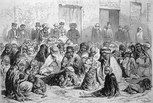 The inhabitants of Setif distributing food to Arab woman and children, 1869, Algeria, Historic, digitally restored reproduction of a 19th century original, exact original date unknown