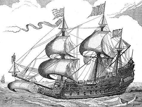 Dutch warship from the 16th century, Historic, digitally restored reproduction of a 19th century original