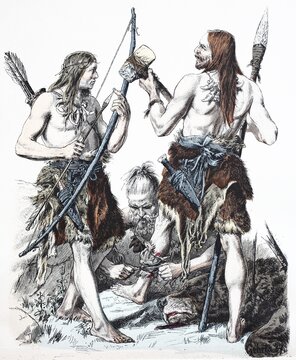 Folk traditional costume, clothing, history of costumes, clothing of the Germanic tribes during the Stone Age, Germany, digitally restored reproduction of a 19th century original, exact date unknown