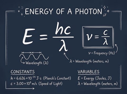 Educational diagram of the photon energy equation with physical constants and variables physics equation planck constant speed of light quantum physics scientific formula educational chart