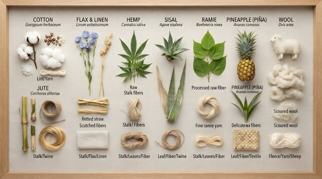 Comprehensive Collection of Raw and Processed Natural Textile Fibers from Plants and Animals in a Display Case
