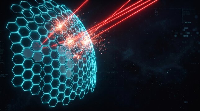 Cyber defense shield dome intercepting red laser energy beams. Hexagonal forcefield mesh deflecting hostile energy rays. Sci-fi military technology planetary protection creates visual.