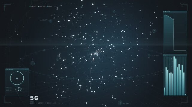 Bright white data particles with 5G text and cyan analytics charts animation