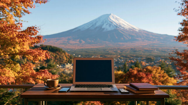 a laptop with a blank screen on a wooden table, accompanied by a cup of coffee and a stack of books. The backdrop is a breathtaking view of Mount Fuji, with its distinctive snowcapped peak.