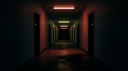 Fototapeta premium Dark, eerie hallway with rows of doors and glowing lights. This image evokes mystery and suspense for horror or.