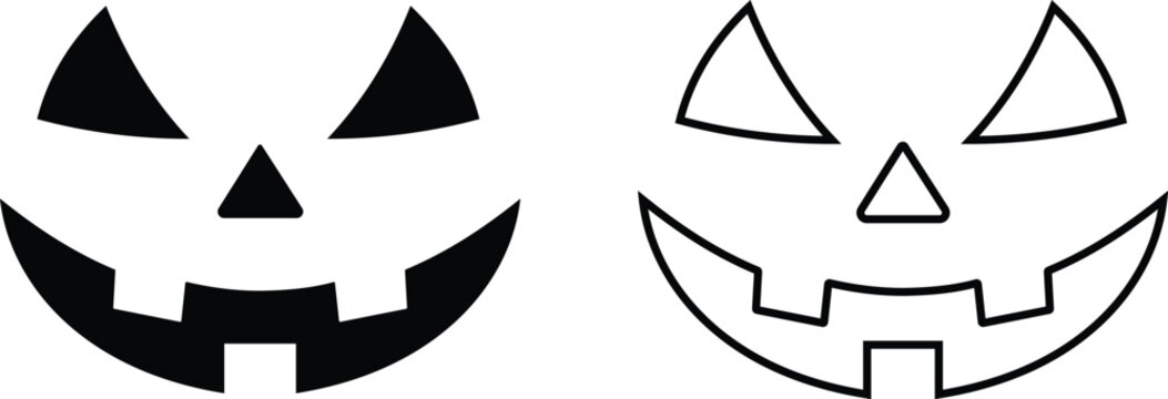 Halloween pumpkin face jack o lantern icon set collection in black flat and line style editable scary carved face elements group isolated on transparent background vector graphic symbol