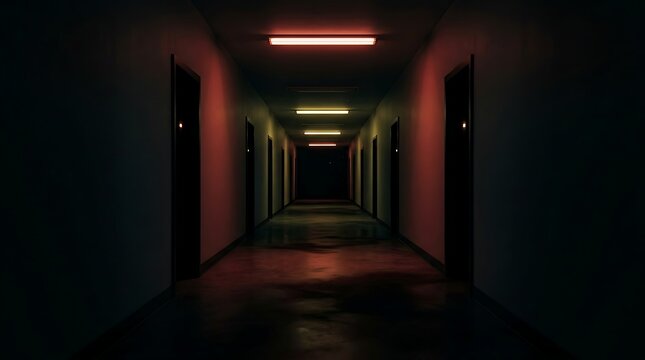 Dark, eerie hallway with rows of doors and glowing lights. This image evokes mystery and suspense for horror or.