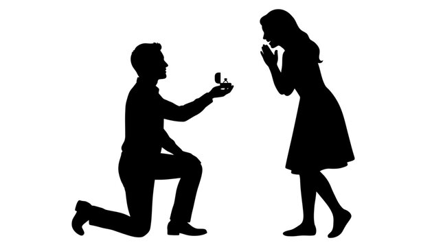 Silhouette of a man proposing to a woman on one knee