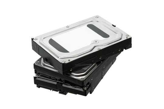 Stack of computer hard disk drives isolated on white back