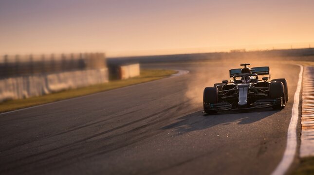 High performance formula racing car driving on a professional asphalt track at sunset with golden backlighting