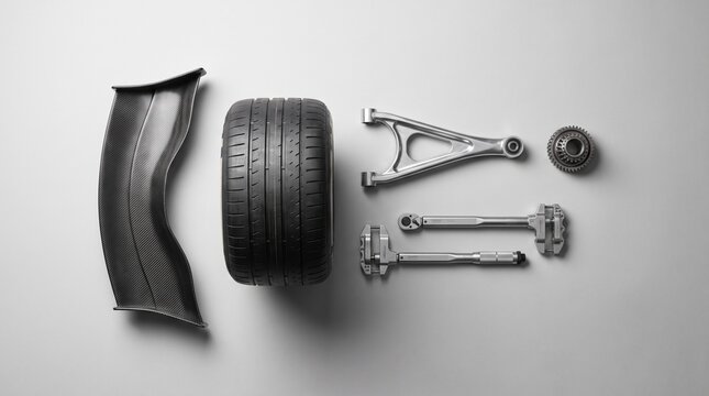 Top view of carbon fiber wing racing tire and precision mechanical tools on grey background for automotive engineering