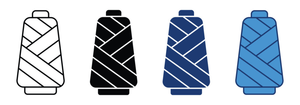 Sewing thread spool icon set with textile bobbin, yarn and fiber symbols in outline, solid and flat color vector styles