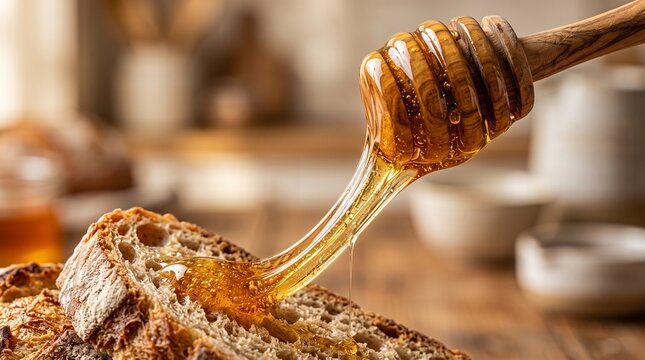 Golden honey dripping from wooden dipper onto sourdough bread, organic sweet honey on artisan crusty bread, warm rustic kitchen breakfast scene