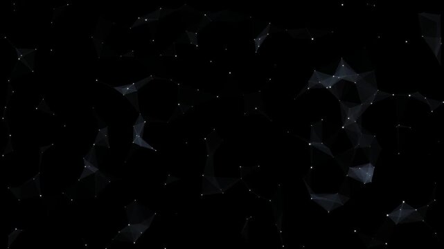 Silver gray polygon mesh and faint connected particles on black animation
