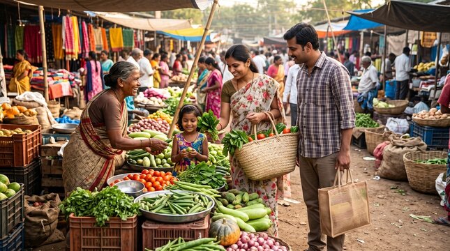Indian family shopping at vibrant local street market, happy couple buying fresh vegetables from street vendor, traditional outdoor bazaar scene