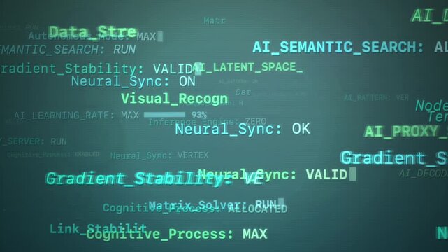 Green artificial intelligence status text and layered neural processing data animation
