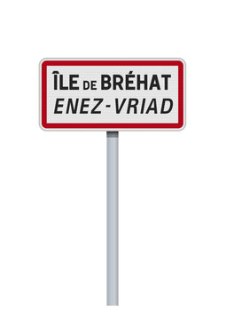 Panneau d'entr&eacute;e de la commune de l'&Icirc;le de Br&eacute;hat (C&ocirc;tes d'Armor) avec la traduction Bretonne Enez Vriad en vectoriel