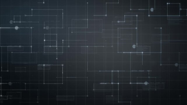 Gray geometric circuit diagram with fine lines and glowing nodes animation