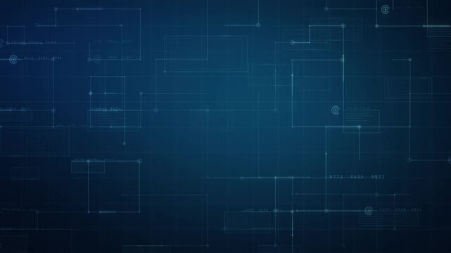 Blue geometric circuit diagram with fine lines and glowing nodes animation