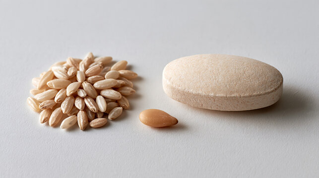 Tiny antibiotic tablet placed beside visual size comparison objects like grain of rice and sesame seed, medication microdosing scale concept, pharmaceutical size reference, drug