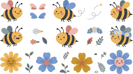 Obraz premium Cute Honey Bees and Smiling Floral Vector Set Featuring Kawaii Insects Flower Crowns Leaves and Spring Nature Accent Elements