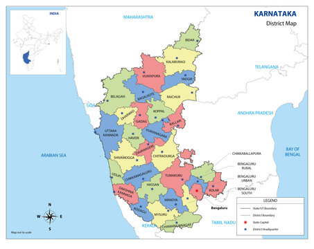 Karnataka District Map with Colored Administrative Divisions Vector