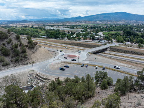 Aerial view of the Interstate 70 North Ramp Roundabout in Gypsum, Colorado, United States.