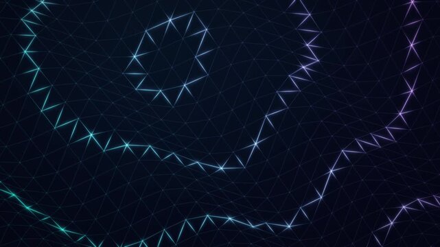 Cyan and violet wavy ribbons of connected triangular outlines animation loop