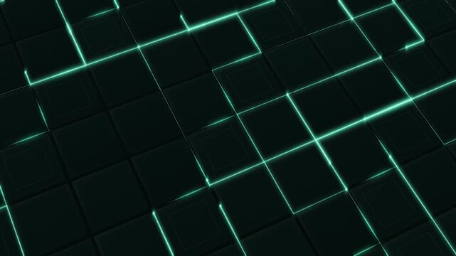 Green diagonal rectangular circuit lines with bright intersections animation loop