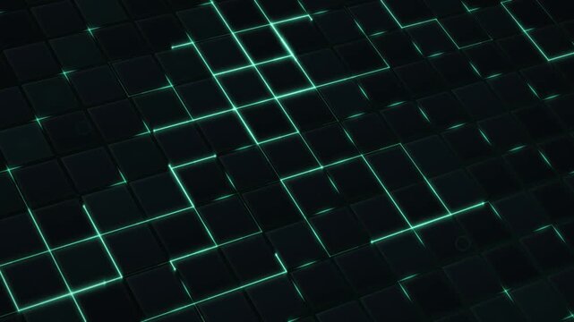 Teal diagonal circuit rectangles on dark tiled background animation loop