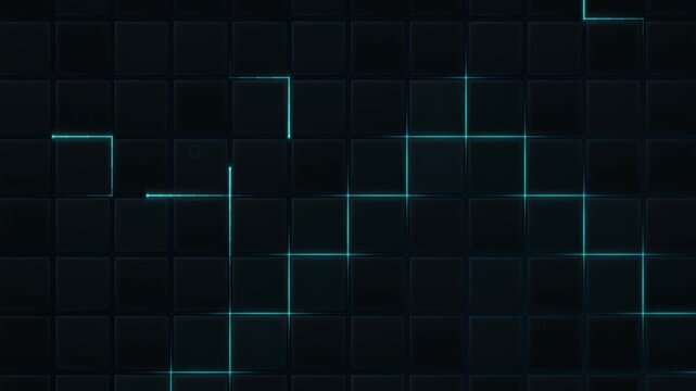 Cyan rectangular circuit outlines on dark square grid animation loop