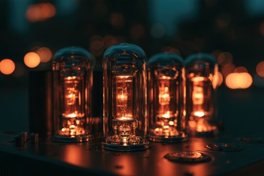 Warmly glowing vacuum tubes on a vintage electronic amplifier creating a retro ambiance