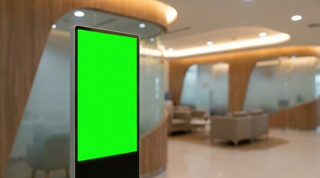 Digital display screen with green chroma key panel in a modern office lobby green screen