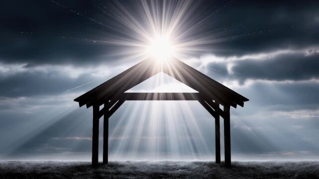 A humble stable stands under a dramatic, stormy sky, as a brilliant divine light streams through the roof. ..Created with Generative AI, not depicting real subjects.