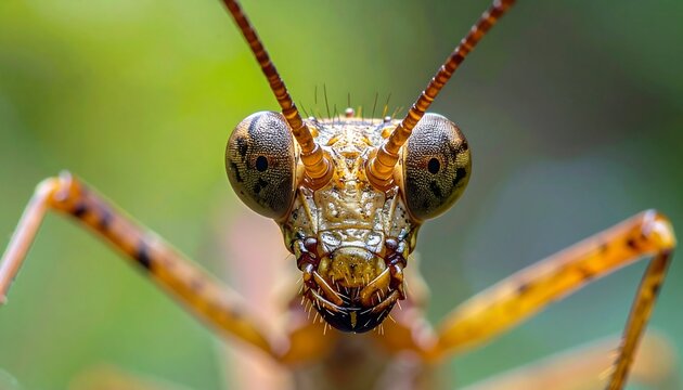 Intense close-up of a praying mantis head with large eyes and antennae.