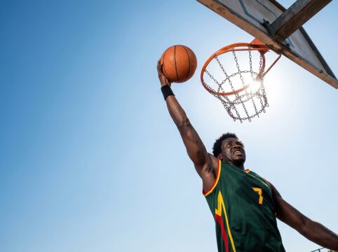 Low angle slam dunk action with basketball hoop and clear blue sky