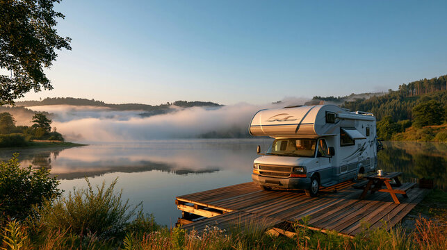 a serene lakeside scene at sunset. A silver recreational vehicle, likely a motorhome, is parked on a wooden dock. The RV has a sleek design with a prominent logo on its side.